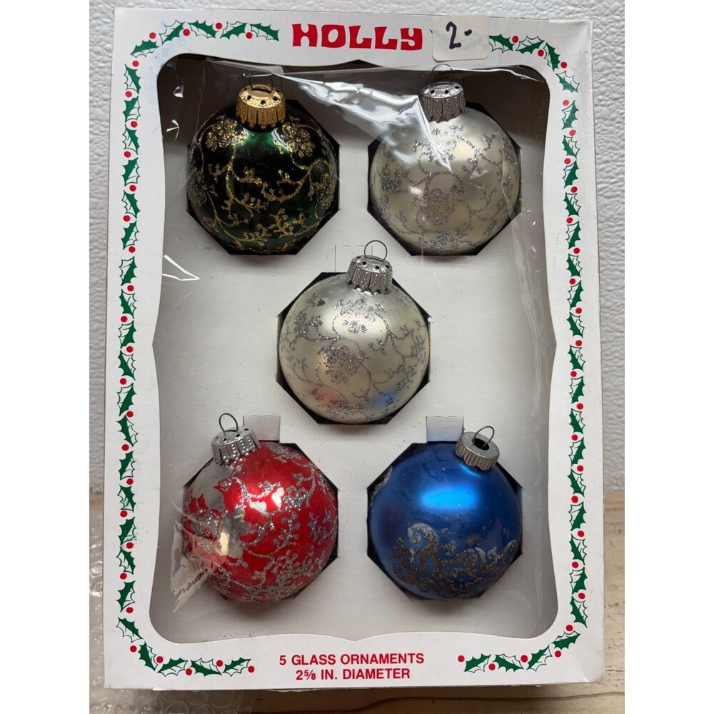 Vtg Set Of 5 Glass Baalls Christmas Tree Ornaments West Germany & Shiny Brite
